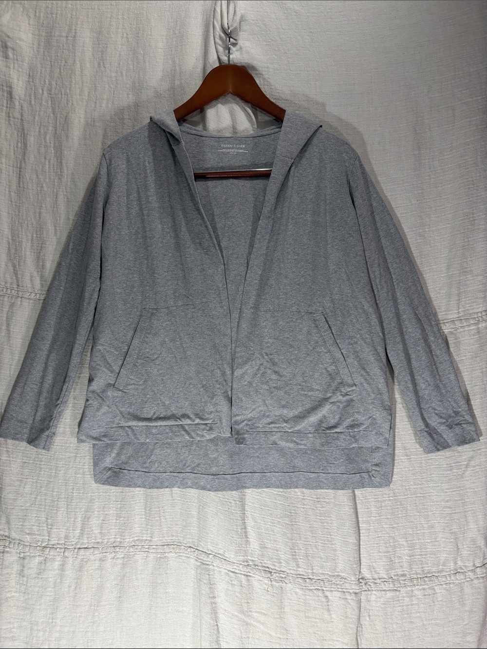 Eileen Fisher Organic Cotton Spandex Light Gray Hooded Open-Front Cardigan Grey